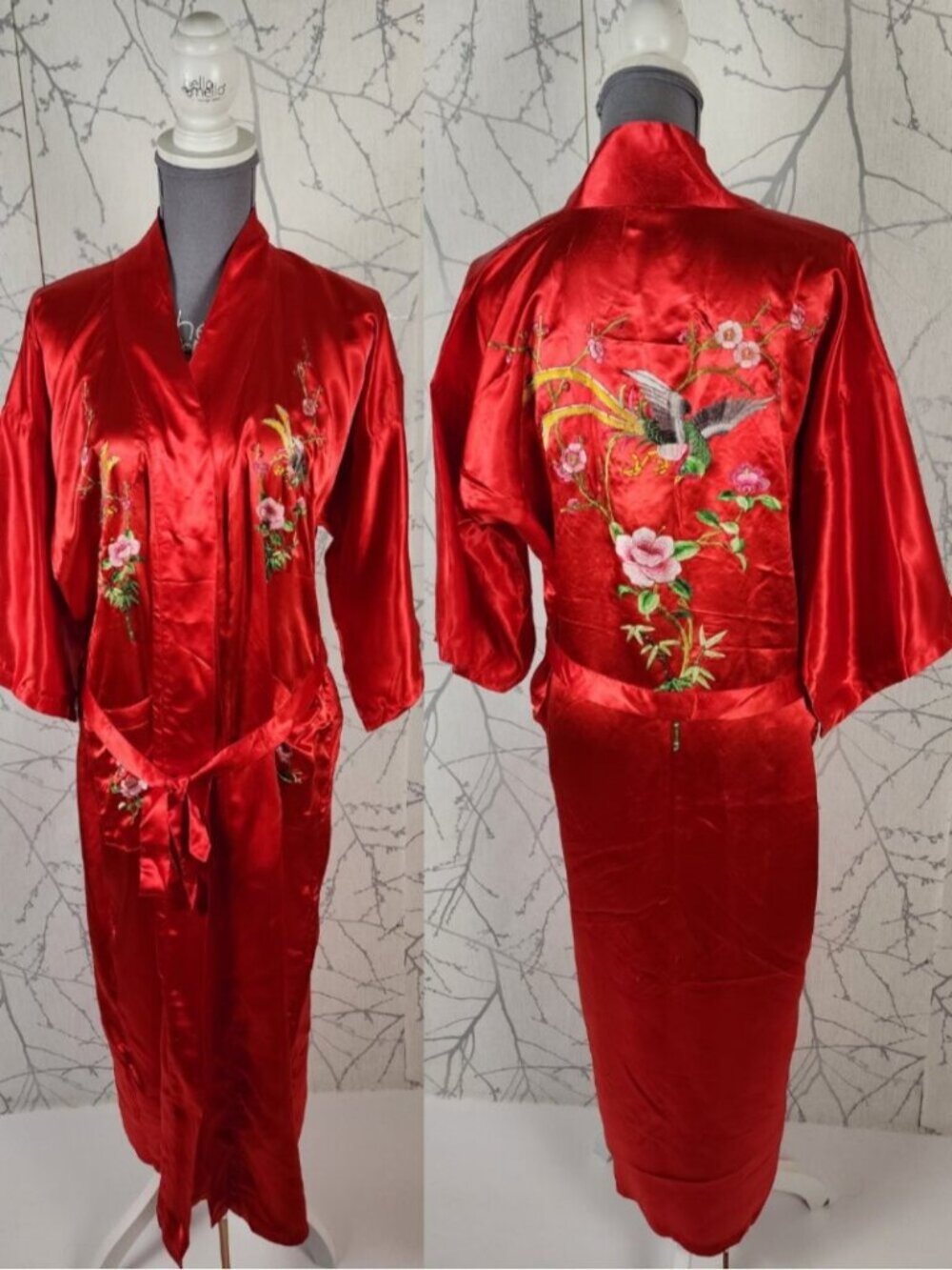 Golden Bee Hummingbird Embroidered Satin Belted Kimono Robe